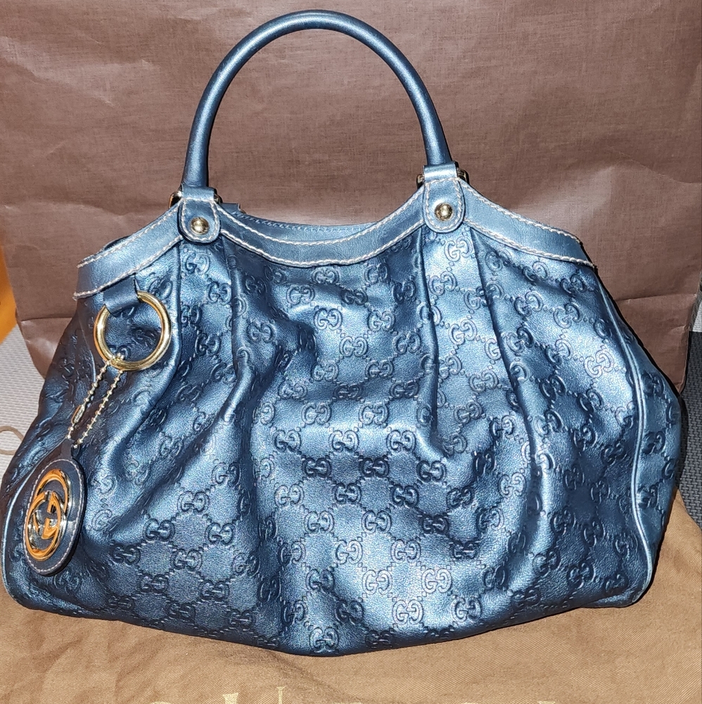Authentic Gucci Sukey Medium Metalic Blue Leather Tote